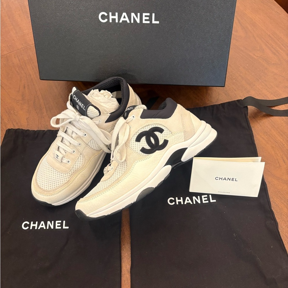 CHANEL Cream and Black Athletic Shoes